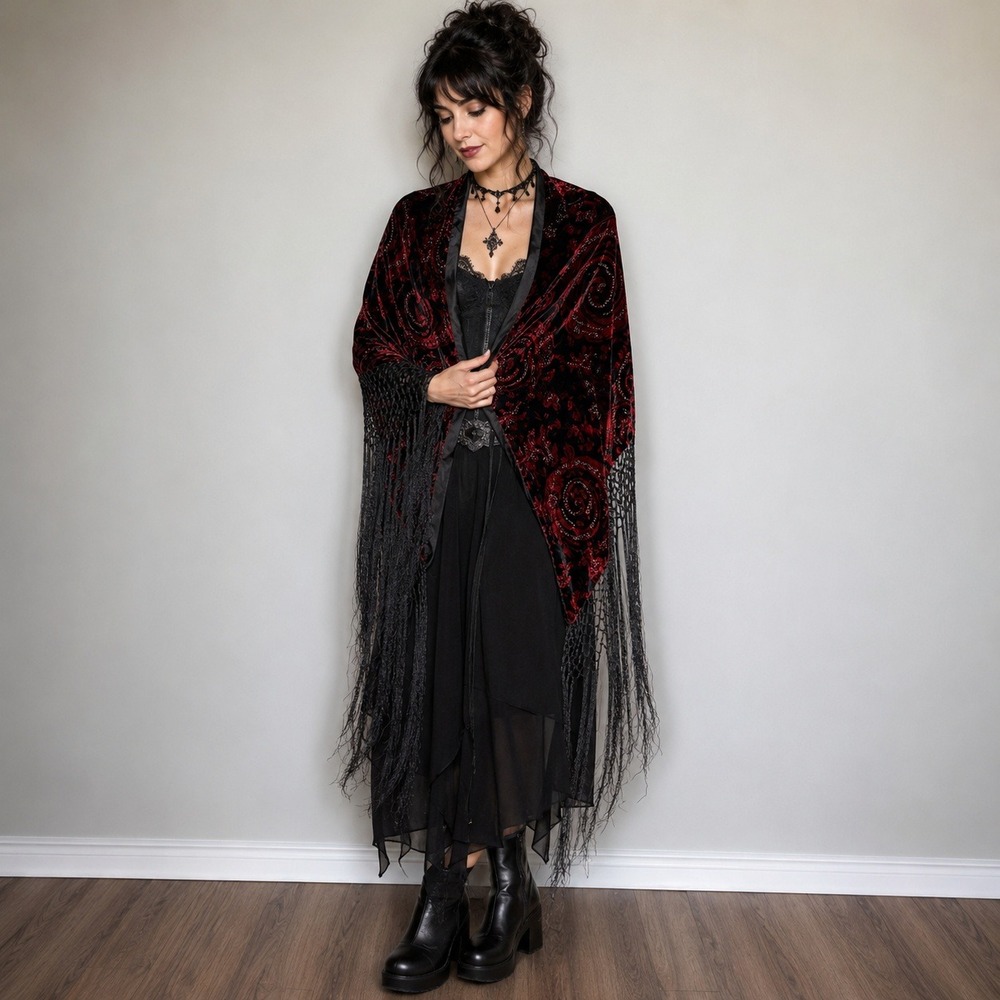 Womens Red Velvet Burnout Shawl Wrap Long OS Fringe Beaded Whimsigoth Victorian